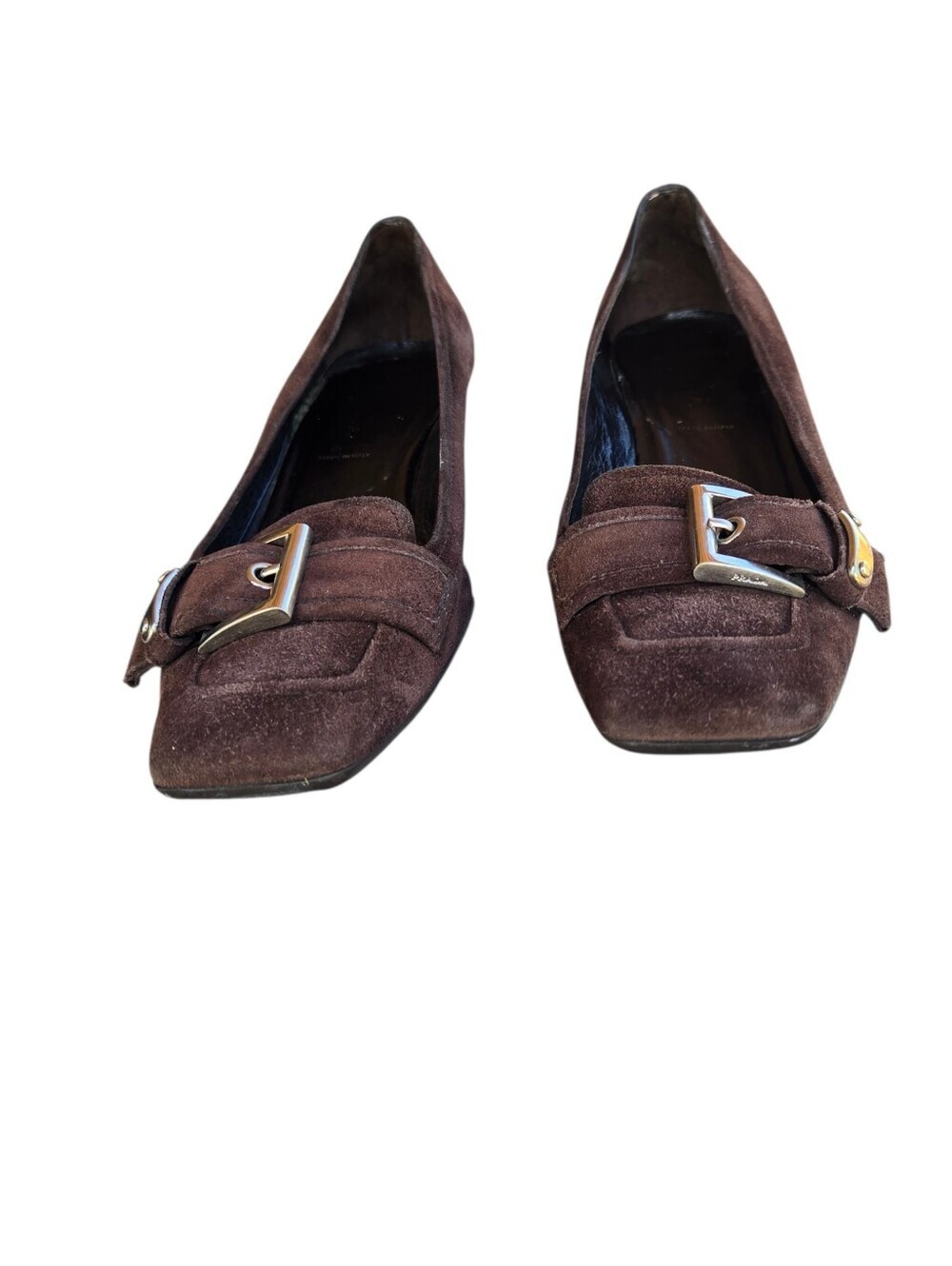 Vintage Prada Brown Suede Square Toe Kitten Heels Buckle Loafer Pumps Y2K Sz 8 - Picture 6 of 14